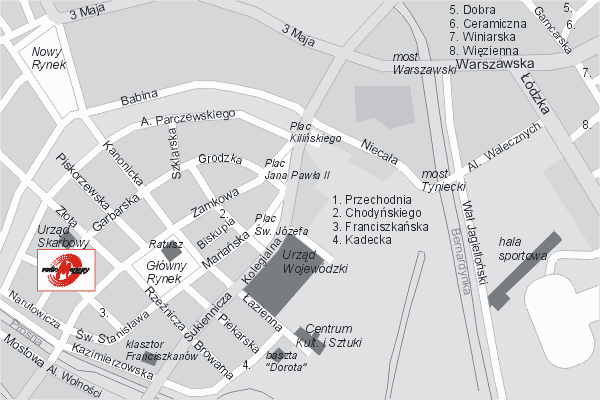 Mapa ( Plan ) Kalisza. Warstwa Biznesowy Kalisz. Kalisz - Wielkopolska.  
  
   Warstwa biznesowa prezentuje lokalizacje kaliskich firm w postaci umieszczonego logo firmy na planie. Po najechaniu kursorem myszy na logo firmy pojawia si nazwa i adres lokalizowanej firmy (IE), a po klikniciu otwiera dodatkowe okienko z opisem firmy i danymi teleadresowymi. Wszystkie zlokalizowane firmy wymienione s pod wywietlan mapk - fragmentem mapy ( planu ) Kalisza. Warstwa nieustannie si rozbudowuje. Mapa wykonana jest w skali 1:10 000 - warstwa biznes.

Kalisz - warstwa biznesowa ( biznes ) Internetowego Planu Kalisza serwisu Cyber Wielkopolska.