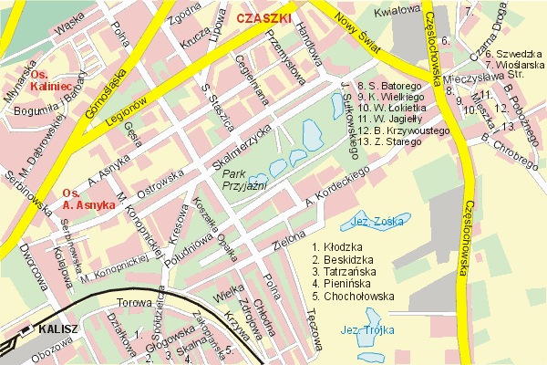 Mapa ( Plan ) Kalisza. Warstwa gwna. Kalisz - Wielkopolska.    
   Warstwa gwna prezentuje ukad ulic Kalisza, oraz okolicznych miejscowoci. Zaznaczono: gwne trasy komunikacyjne, trasy przelotowe Kalisza, jeziora, rzeki, trasy kolejowe, tereny zielone, przemysowe i zarysy zabudowa. Mapa wykonana jest w skali 1:10 000 - warstwa podstawowa oraz w wikszych skalach.

Kalisz - warstwa gwna Internetowego Planu Kalisza serwisu Cyber Wielkopolska.