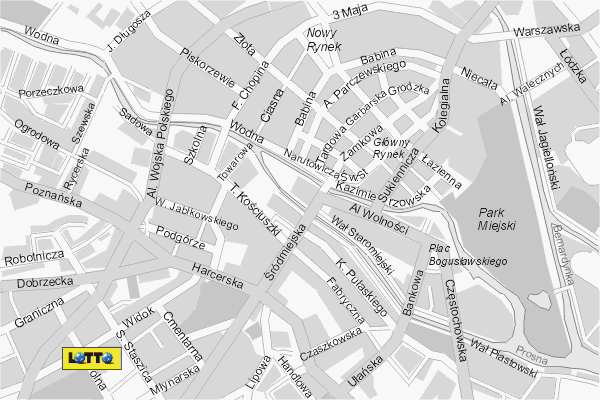 Mapa ( Plan ) Kalisza. Lokalizacje LOTTO Kalisz. Kalisz - Wielkopolska.  
  
   Warstwa LOTTO prezentuje lokalizacje kaliskich lottomatw w postaci umieszczonego znaku graficznego LOTTO. Po najechaniu kursorem myszy na znak graficzny pojawia si nazwa i adres lokalizowanego lottomatu (IE), a po klikniciu w niektre loga otwiera dodatkowe okienko z opisem kolektury, danymi teleadresowymi i godzinami otwarcia. Mapa wykonana jest w skali 1:10 000 - warstwa LOTTO.

Kalisz - lokalizacje lottomatw ( LOTTO ) Internetowego Planu Kalisza serwisu Cyber Wielkopolska.