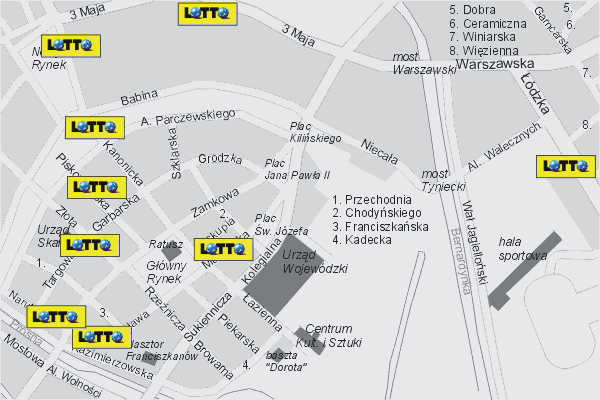 Mapa ( Plan ) Kalisza. Lokalizacje LOTTO Kalisz. Kalisz - Wielkopolska.  
  
   Warstwa LOTTO prezentuje lokalizacje kaliskich lottomatw w postaci umieszczonego znaku graficznego LOTTO. Po najechaniu kursorem myszy na znak graficzny pojawia si nazwa i adres lokalizowanego lottomatu (IE), a po klikniciu w niektre loga otwiera dodatkowe okienko z opisem kolektury, danymi teleadresowymi i godzinami otwarcia. Mapa wykonana jest w skali 1:10 000 - warstwa LOTTO.

Kalisz - lokalizacje lottomatw ( LOTTO ) Internetowego Planu Kalisza serwisu Cyber Wielkopolska.
