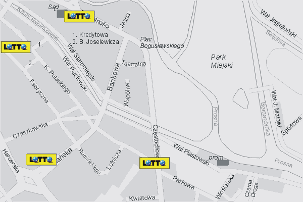 Mapa ( Plan ) Kalisza. Lokalizacje LOTTO Kalisz. Kalisz - Wielkopolska.  
  
   Warstwa LOTTO prezentuje lokalizacje kaliskich lottomatw w postaci umieszczonego znaku graficznego LOTTO. Po najechaniu kursorem myszy na znak graficzny pojawia si nazwa i adres lokalizowanego lottomatu (IE), a po klikniciu w niektre loga otwiera dodatkowe okienko z opisem kolektury, danymi teleadresowymi i godzinami otwarcia. Mapa wykonana jest w skali 1:10 000 - warstwa LOTTO.

Kalisz - lokalizacje lottomatw ( LOTTO ) Internetowego Planu Kalisza serwisu Cyber Wielkopolska.