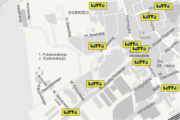 Mapa ( Plan ) Kalisza. Lokalizacje LOTTO Kalisz. Kalisz - Wielkopolska.  
  
   Warstwa LOTTO prezentuje lokalizacje kaliskich lottomatw w postaci umieszczonego znaku graficznego LOTTO. Po najechaniu kursorem myszy na znak graficzny pojawia si nazwa i adres lokalizowanego lottomatu (IE), a po klikniciu w niektre loga otwiera dodatkowe okienko z opisem kolektury, danymi teleadresowymi i godzinami otwarcia. Mapa wykonana jest w skali 1:10 000 - warstwa LOTTO.

Kalisz - lokalizacje lottomatw ( LOTTO ) Internetowego Planu Kalisza serwisu Cyber Wielkopolska.