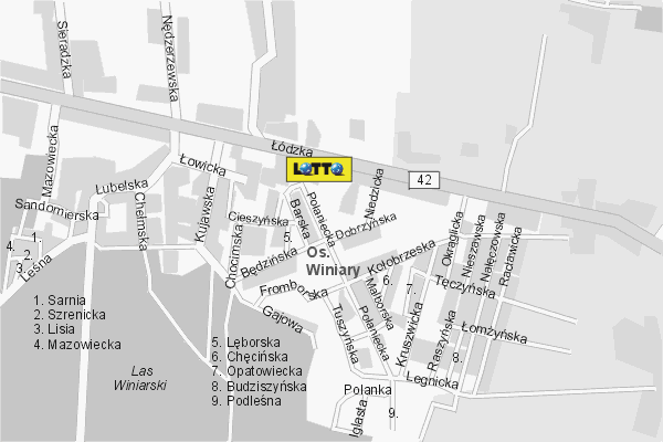 Mapa ( Plan ) Kalisza. Lokalizacje LOTTO Kalisz. Kalisz - Wielkopolska.  
  
   Warstwa LOTTO prezentuje lokalizacje kaliskich lottomatw w postaci umieszczonego znaku graficznego LOTTO. Po najechaniu kursorem myszy na znak graficzny pojawia si nazwa i adres lokalizowanego lottomatu (IE), a po klikniciu w niektre loga otwiera dodatkowe okienko z opisem kolektury, danymi teleadresowymi i godzinami otwarcia. Mapa wykonana jest w skali 1:10 000 - warstwa LOTTO.

Kalisz - lokalizacje lottomatw ( LOTTO ) Internetowego Planu Kalisza serwisu Cyber Wielkopolska.