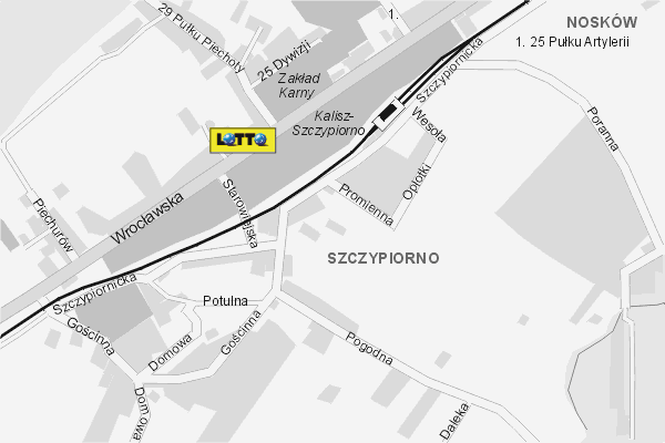 Mapa ( Plan ) Kalisza. Lokalizacje LOTTO Kalisz. Kalisz - Wielkopolska.  
  
   Warstwa LOTTO prezentuje lokalizacje kaliskich lottomatw w postaci umieszczonego znaku graficznego LOTTO. Po najechaniu kursorem myszy na znak graficzny pojawia si nazwa i adres lokalizowanego lottomatu (IE), a po klikniciu w niektre loga otwiera dodatkowe okienko z opisem kolektury, danymi teleadresowymi i godzinami otwarcia. Mapa wykonana jest w skali 1:10 000 - warstwa LOTTO.

Kalisz - lokalizacje lottomatw ( LOTTO ) Internetowego Planu Kalisza serwisu Cyber Wielkopolska.