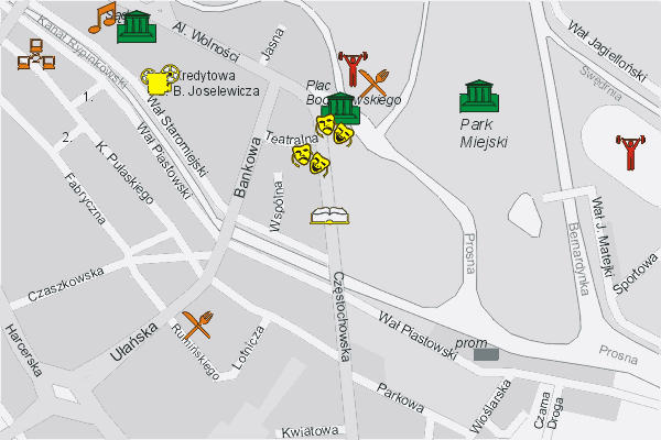 Mapa ( Plan ) Kalisza. Turystyczny Kalisz. Kalisz - Wielkopolska.  
  
   Warstwa turystyczna prezentuje lokalizacje obiektw turystycznych (zabytki, muzea, punkty widokowe, itp.) na terenie Kalisza. Mapa wykonana jest w skali 1:10 000 - warstwa turystyczny Kalisz.

Kalisz - warstwa turystyczna Internetowego Planu Kalisza serwisu Cyber Wielkopolska.