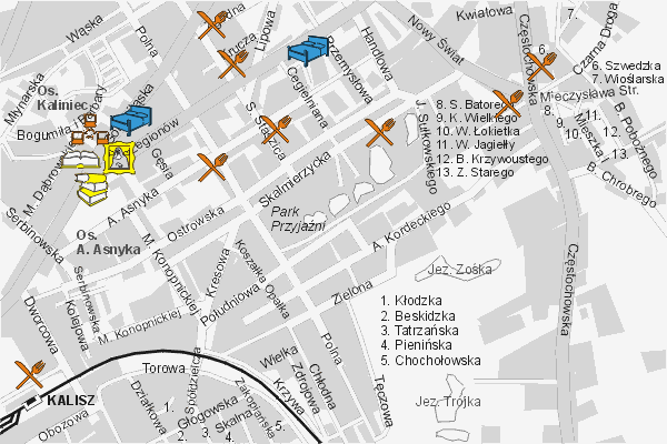 Mapa ( Plan ) Kalisza. Turystyczny Kalisz. Kalisz - Wielkopolska.  
  
   Warstwa turystyczna prezentuje lokalizacje obiektw turystycznych (zabytki, muzea, punkty widokowe, itp.) na terenie Kalisza. Mapa wykonana jest w skali 1:10 000 - warstwa turystyczny Kalisz.

Kalisz - warstwa turystyczna Internetowego Planu Kalisza serwisu Cyber Wielkopolska.